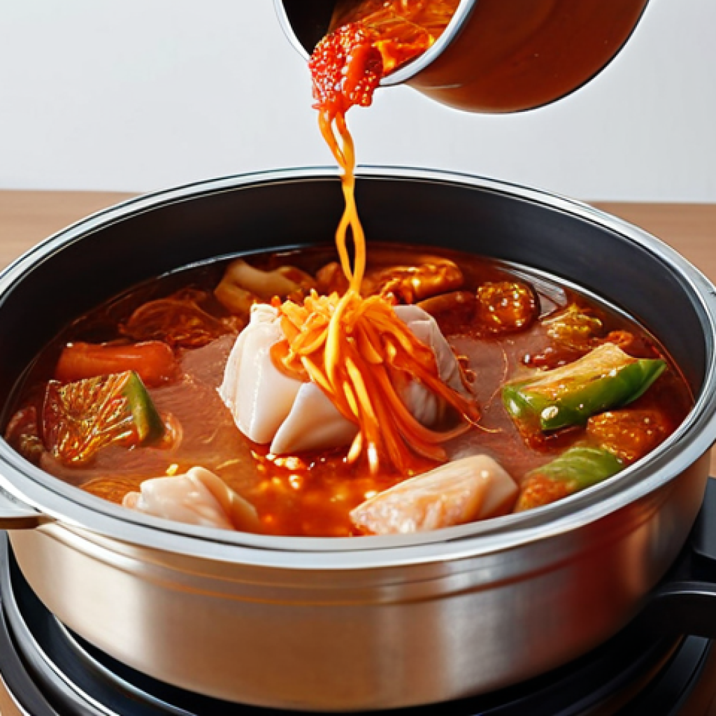 ** Kimchi jjigae being transferred into a clean, glass container with a rubber seal. A hand carefully pours the stew, emphasizing freshness and proper storage.

**