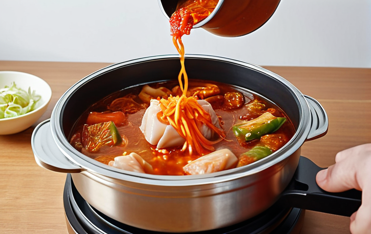 ** Kimchi jjigae being transferred into a clean, glass container with a rubber seal. A hand carefully pours the stew, emphasizing freshness and proper storage.

**