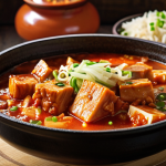 **A steaming pot of *kimchi jjigae* on a rustic wooden table, garnished with fresh green onions and a sprinkle of sesame seeds. The warm light highlights the rich, vibrant colors of the stew, with visible pieces of tofu and kimchi. Bokeh effect in the background.** (This aims to capture the visual appeal of freshly reheated kimchi jjigae).