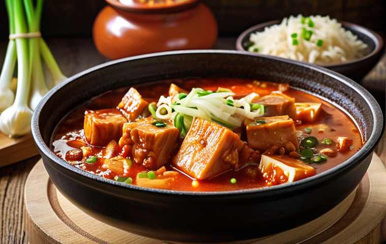 **A steaming pot of *kimchi jjigae* on a rustic wooden table, garnished with fresh green onions and a sprinkle of sesame seeds. The warm light highlights the rich, vibrant colors of the stew, with visible pieces of tofu and kimchi. Bokeh effect in the background.** (This aims to capture the visual appeal of freshly reheated kimchi jjigae).